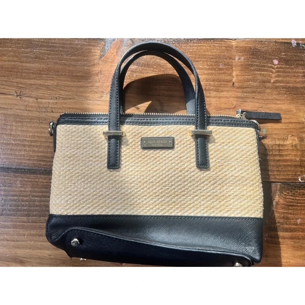 Kate Spade New York Straw and Black Saffiano Leather Satchel Daisy Lining Bag